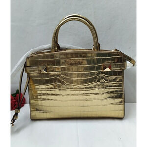 Michael Kors Karla Metallic Gold Leather Crocodile Embossed Satchel Bag